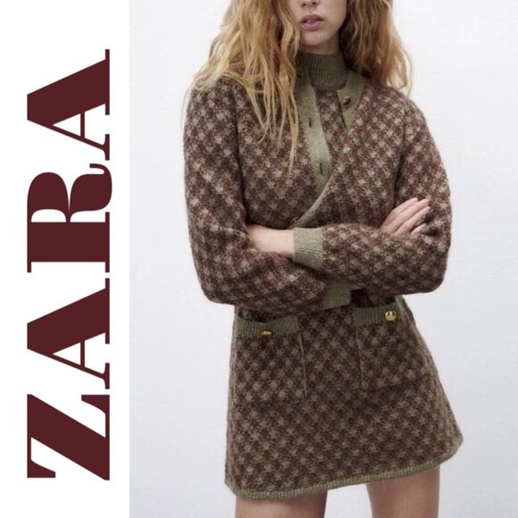 ZARA BLOGGER FAVE Wool Houndstooth Mock Neck Mini Sweater Dress, Large - Picture 2 of 12